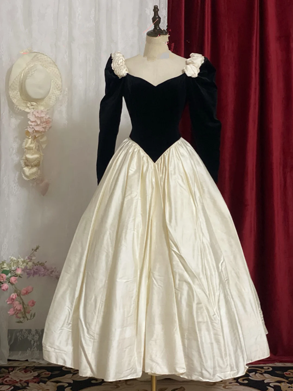 Black Square-Neck Long-Sleeve Waist-Cinched Slim-Fit White Puffball Skirt Ball Gown, Bridal Gown R7351