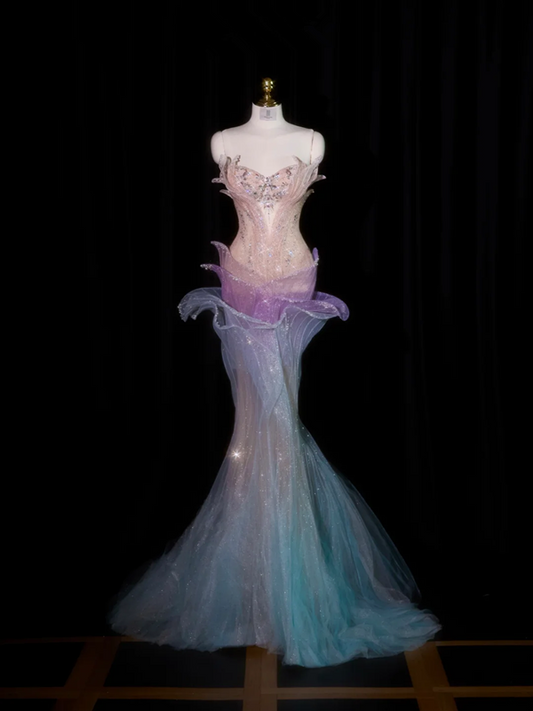 Light pink strapless fitted bodice with a light blue long skirt, a formal ball gown/bridal dress R8902