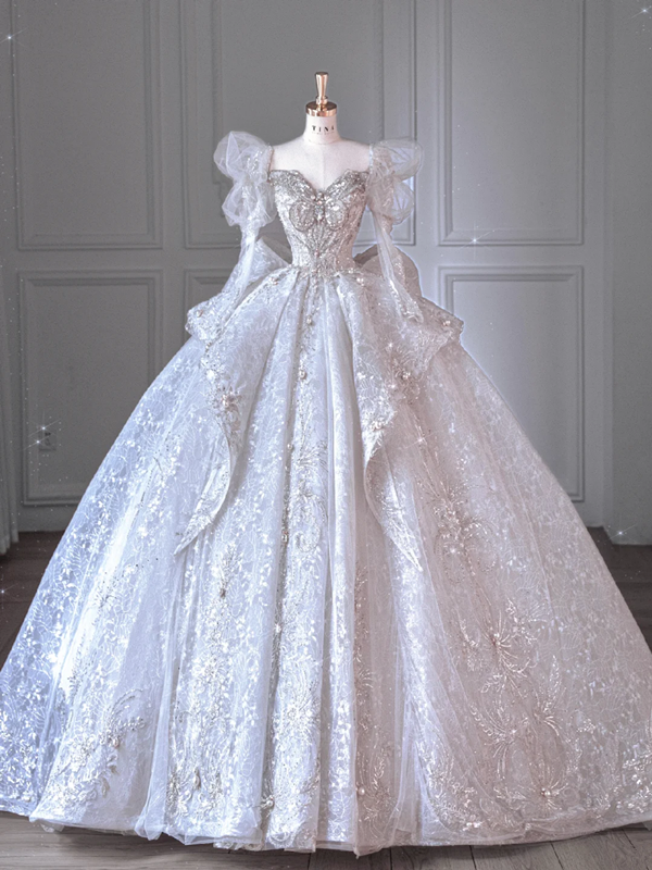 White Rhinestone-Embellished Puff-Sleeve Long-Sleeve Fitted-Waist Slim-Fit Puffy Hem Long Bridal Gown R5906