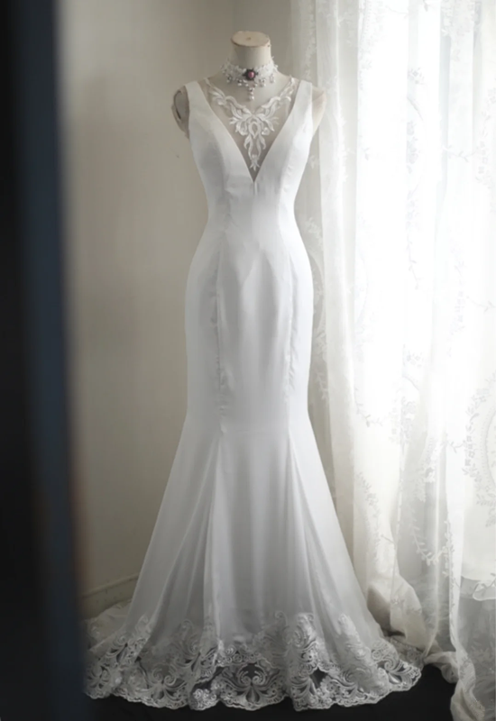 White sleeveless printed fitted waist bodycon sexy long ball gown/bridal dress R6825