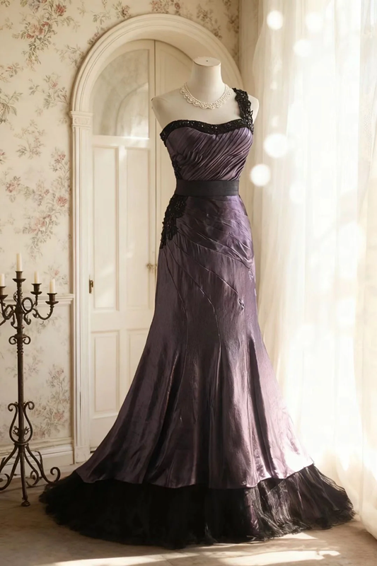 Dark purple one-shoulder halter-neck fitted long ball gown R6706