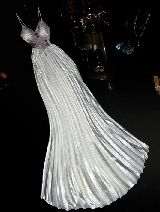 White halter-neck rhinestone-embellished fitted long ball gown R6905