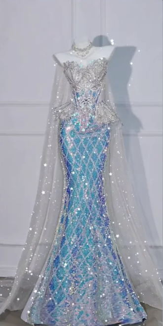 Blue Rhinestone-Embellished Strapless Fitted-Waist Slim-Fit Hip-Hugging Mermaid-Length Prom Dress R6506