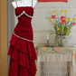 Red suspender waist slim pleated ruffle skirt long ball gown R6227