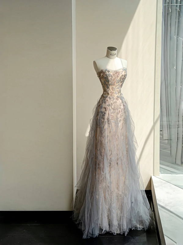 Pink Strapless Beaded Slim A-Line Maxi Dress, prom dress R5635