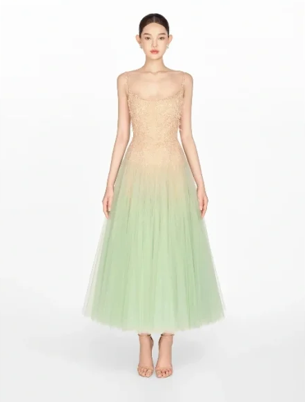 Beige halter top with gradient light green elegant long skirt for homecoming dress R4852