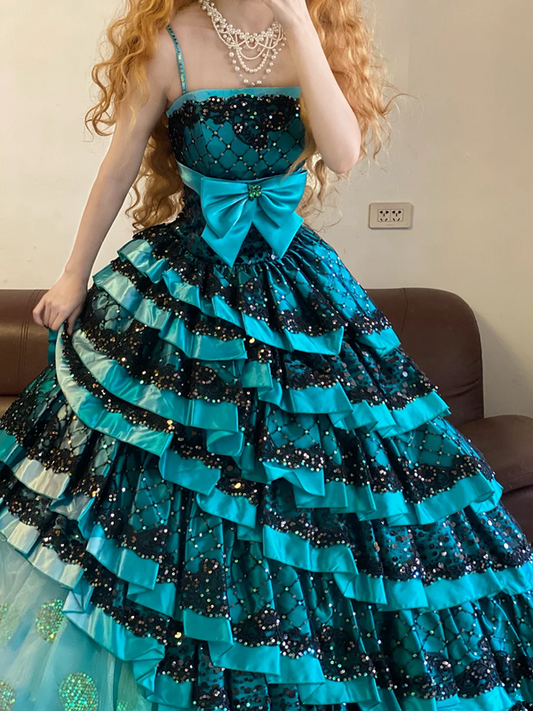 Blue Spaghetti Strap Waist-Cinched Puff Tiered Skirt Ball Gown R7387