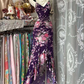 Purple halter top with pink floral print, fitted waist, asymmetrical hem, long ball gown R7813