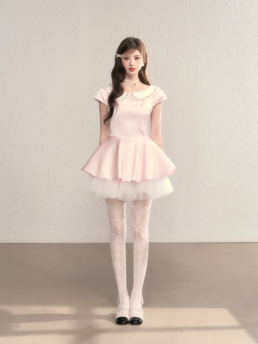 Pink baby doll collar slim waist A-line short skirt homecoming dress R5414