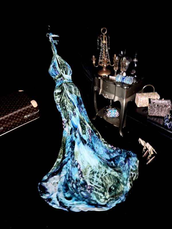 Blue-green tie-dye halter neck fitted waist long ball gown R6945