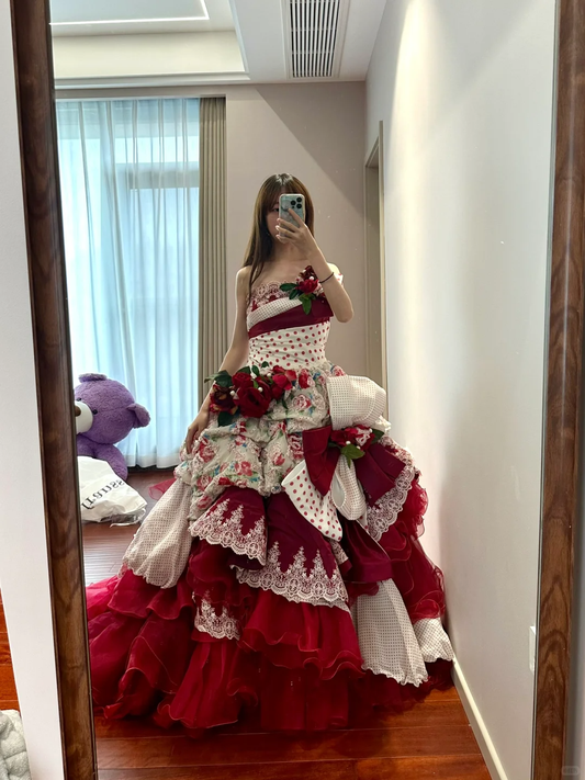 Red strapless, fitted waist, full-skirted ball gown/bridal dress R8842