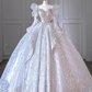 White Rhinestone-Embellished Puff-Sleeve Long-Sleeve Fitted-Waist Slim-Fit Puffy Hem Long Bridal Gown R5906