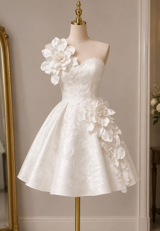 3D Floral Satin Women's Homecoming Dress White Corset Short Prom Dress Birthday Dress RS2430