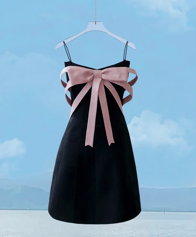 Black suspender bow neckline design waist slim A-line skirt homecoming dress R5276