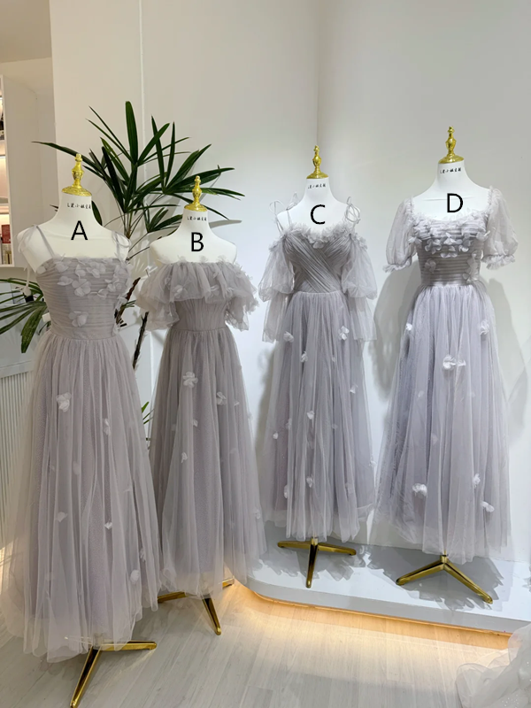 Gray-blue chiffon waist-cinched, slim-fit and elegant ball gown, bridesmaid dress R5947