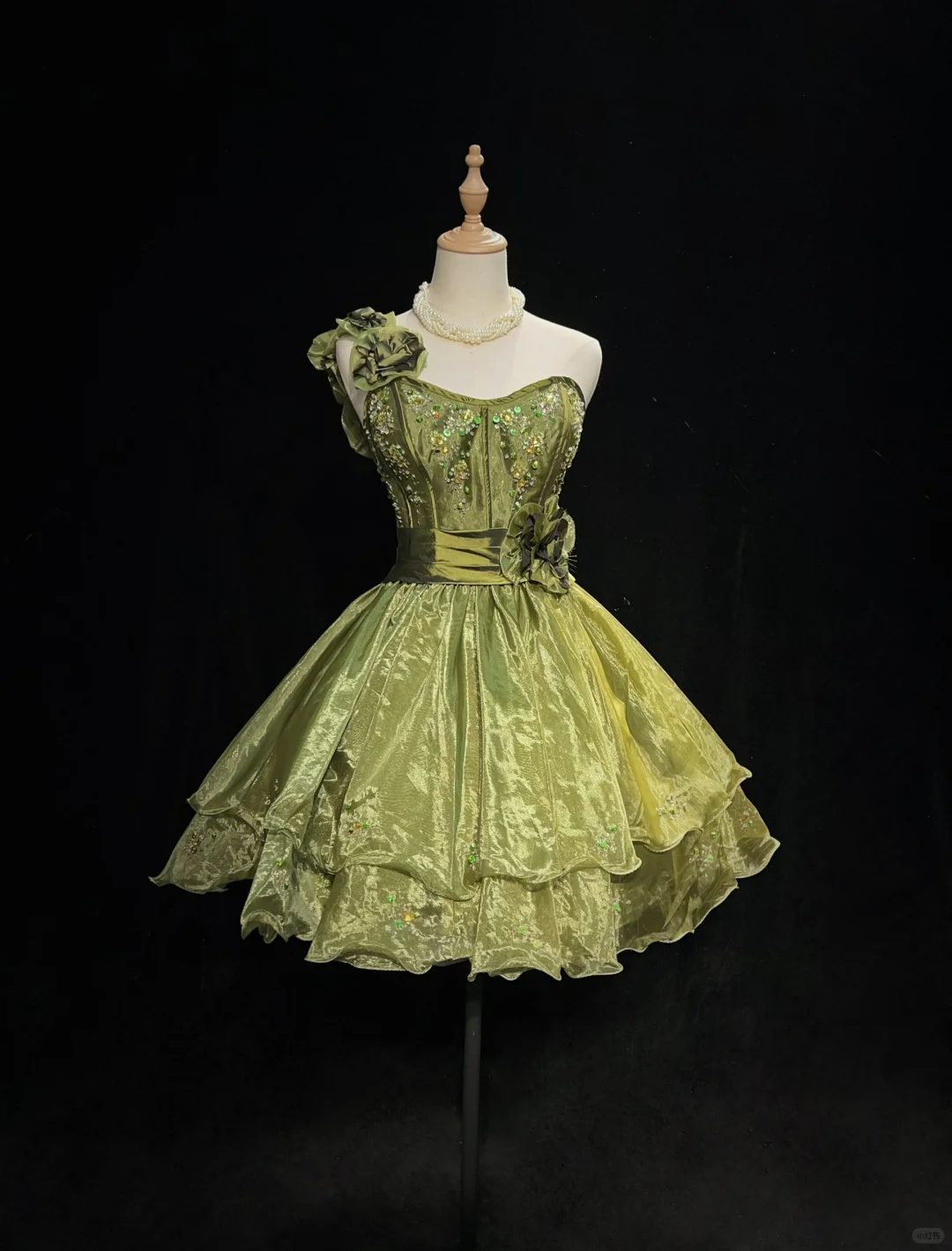 Green one-shoulder strap waist slim fit puffy princess skirt homecoming dress R4974