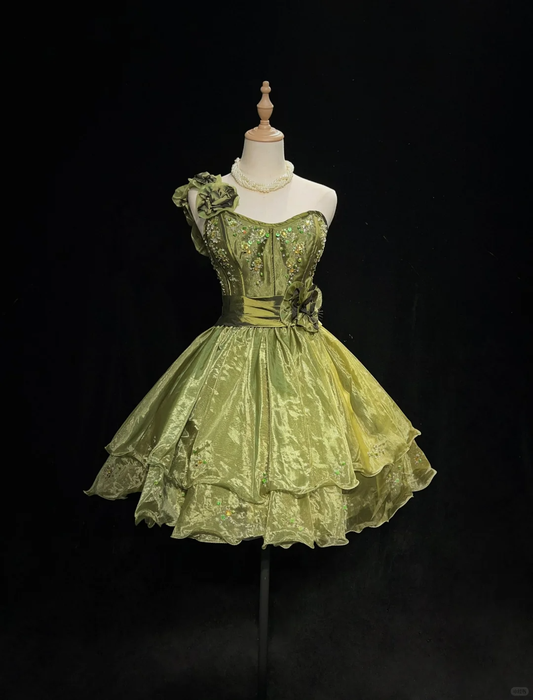 Green one-shoulder strap waist slim fit puffy princess skirt homecoming dress R4974