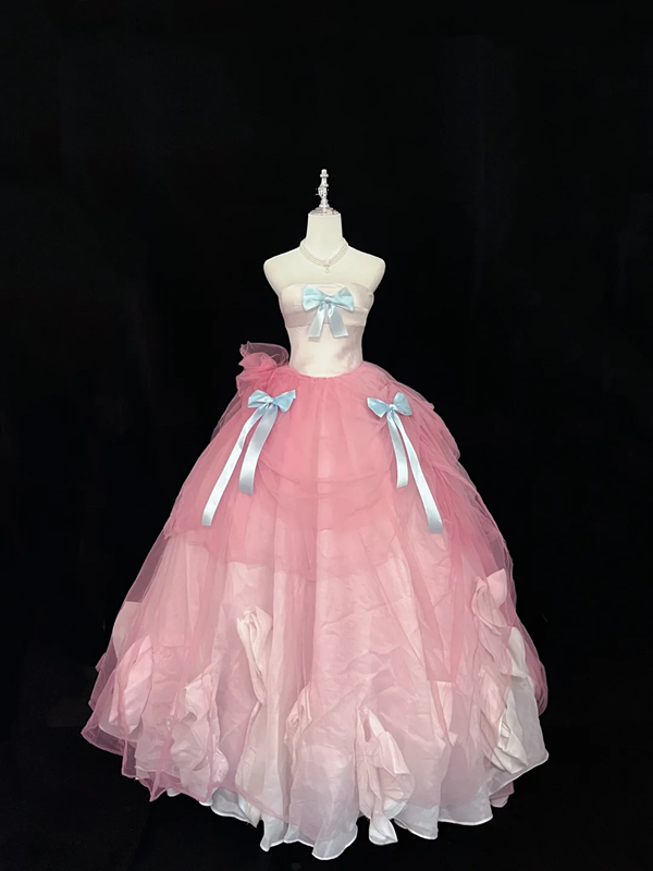 Light pink strapless, fitted waist, full skirt, long ball gown, bridal dress R9052