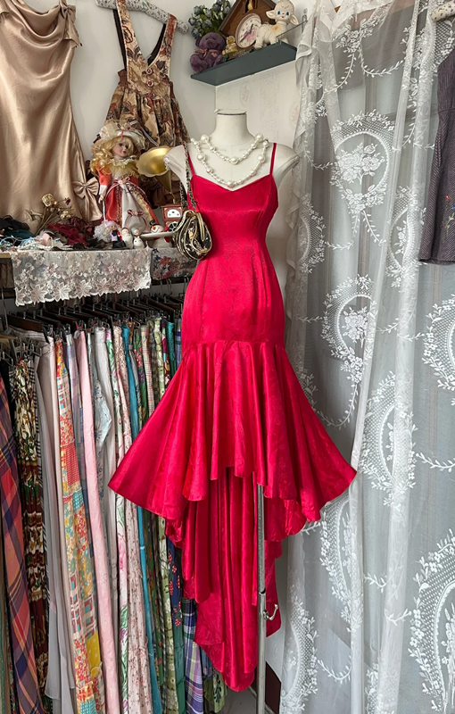 Red suspender satin waist slim irregular skirt long dress ball gown R6187