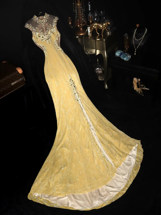 Yellow sleeveless rhinestone neckline, fitted waist, elegant classic long ball gown R6864