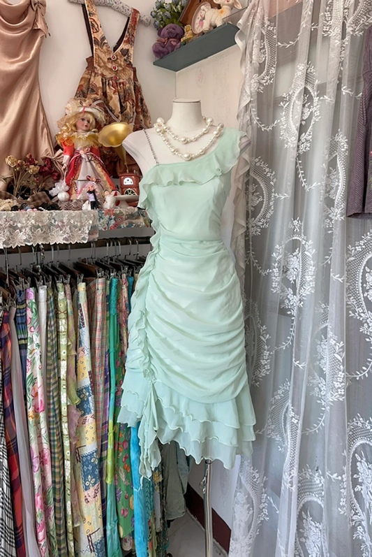 Light blue one-shoulder sexy ruffled maxi dress, ball gown R6345