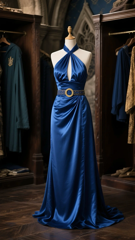 Dark blue halterneck slim waist satin elegant ball gown R6085