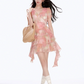 Pink floral puff sleeve waist slim irregular short skirt homecoming dress R5236