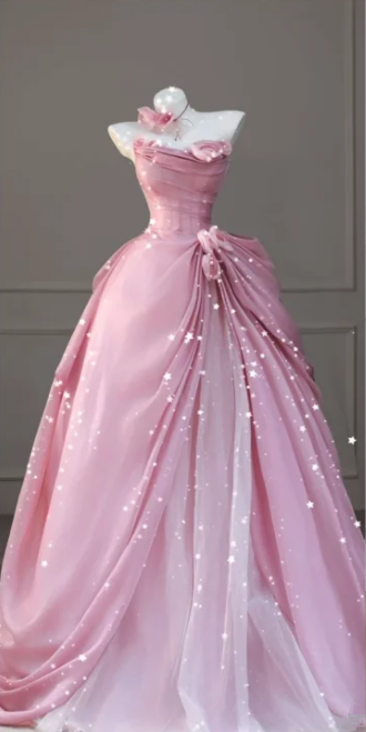Pink strapless satin fitted waist ball gown with a full skirt R6466