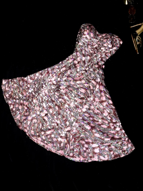 Silver sequined strapless short ball gown with a cinched waist and fitted design R6985