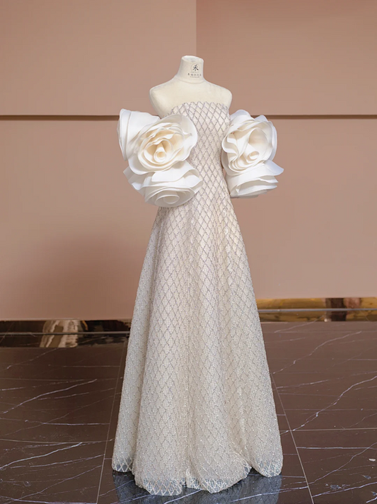 Light champagne-colored strapless fitted long ball gown, bridal dress R8353