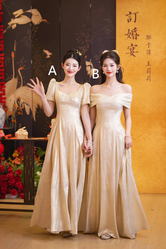 Champagne satin waist slim fit prom dress, bridesmaid dress R5976