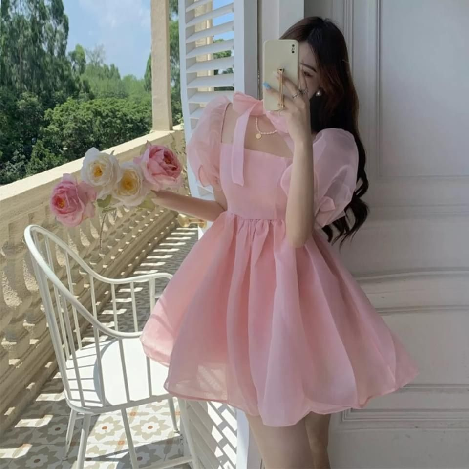 Girlish Puff Sleeves Women's Homecoming Dress Blush Pink Waist Fitted Short Prom Gown Party Dress RS3404