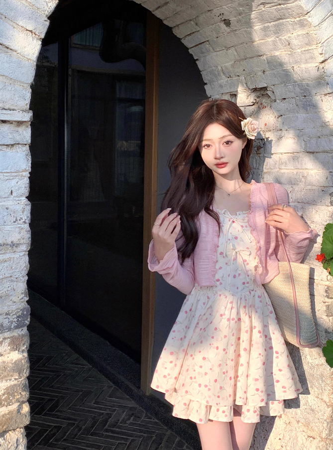 French floral dress women's summer pink sweet suspender short skirt R3834