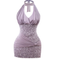 2025 V-neck halter neck sleeveless dress with a sense of gold and sequins, hip-wrapped miniskirt R1127