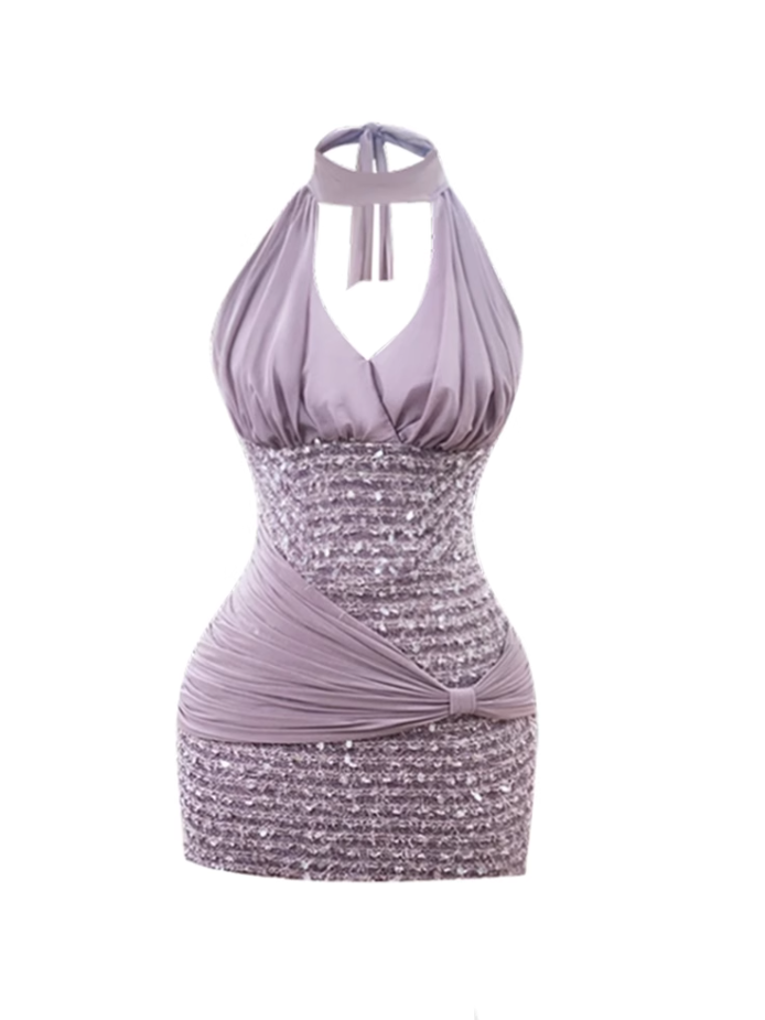 2025 V-neck halter neck sleeveless dress with a sense of gold and sequins, hip-wrapped miniskirt R1127