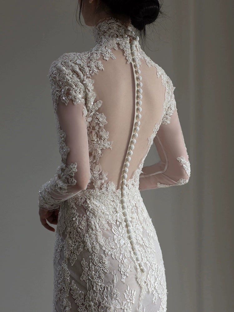 Long Sleeves Lace High Neck Wedding Dresses Long Bridal Gown      S7208