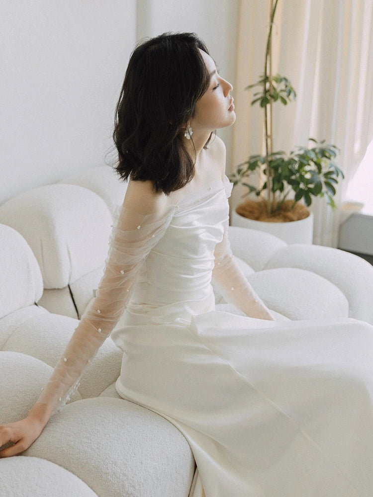 Long Sleeves Satin Mermaid Wedding Dresses Long Bridal Gown      S7213