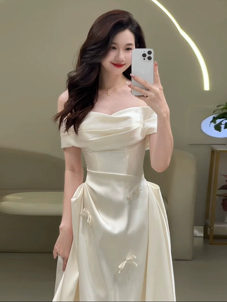 Off Shoulder Satin Wedding Dresses Long Bridal Gown      S7214