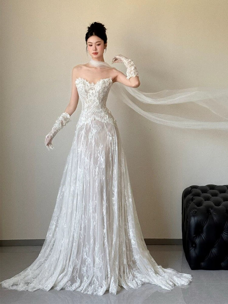 Sexy Lace Strapless Long Wedding Dresses Bridal Gown      S7206