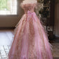 A Line Pink Elegant Evening Gowns Off Shoulder Long Prom Dress     S7209