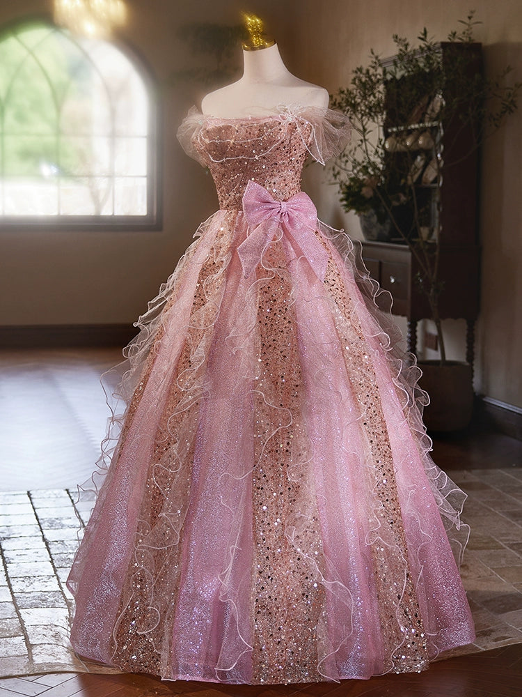 A Line Pink Elegant Evening Gowns Off Shoulder Long Prom Dress     S7209