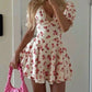 White background pink floral short sleeves waist V neck slim short skirt homecoming dress R3612