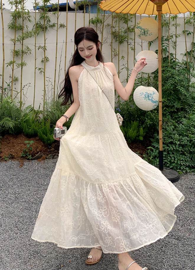 White lace off-shoulder beach maxi dress holiday suspender dress French retro dress R1697