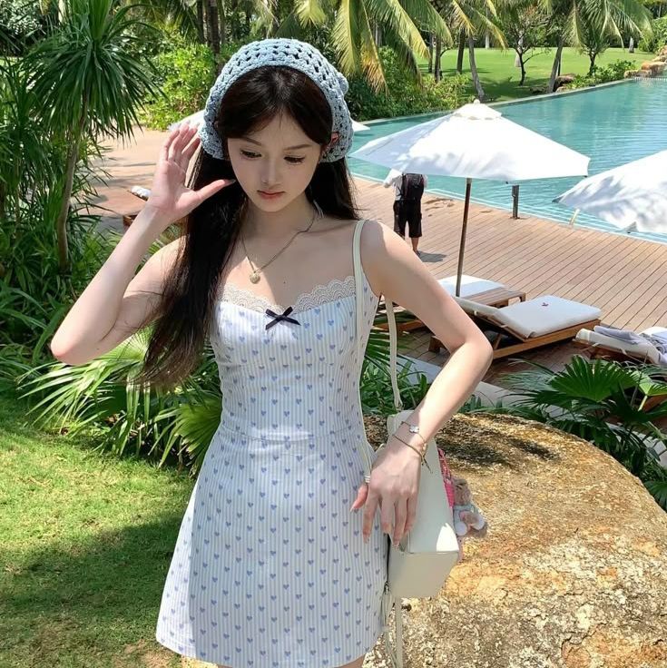 Light blue striped suspender looks thin and slim A-line short skirt homecoming dress R2528