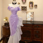 Pink off-the-shoulder fitted waist slim-fitting ruffled skirt wedding dress R6586