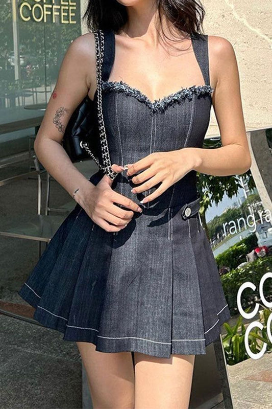 Black denim suspenders waist slim A-line mini skirt homecoming dress R3585