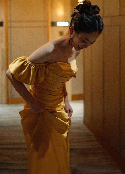 New Chinese style gold one shoulder cheongsam banquet evening dress homecoming dress R2980