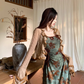 French style retro green printed dress with slim waist and suspenders long dress with lace cardigan R1695