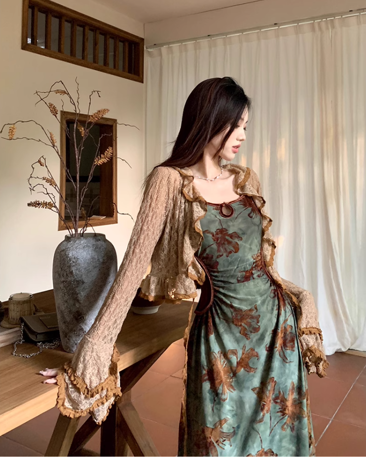 French style retro green printed dress with slim waist and suspenders long dress with lace cardigan R1695