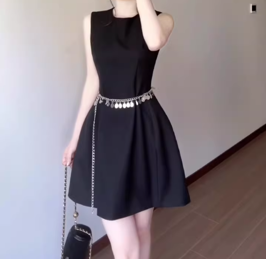 Hepburn style black vest dress gentle temperament waist A-line short skirt women R0845